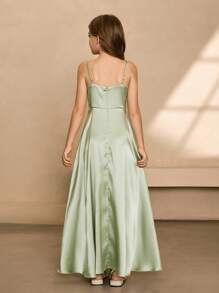 花童伴娘缎带褶饰长裙，精致风格，适合婚礼、万圣节、毕业典礼、舞会、生日派对 - 綠色 - 查看 2