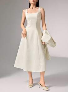 Heiryn 女士优雅纯色披肩领 3/4 袖夹克和无袖连衣裙套装秋冬 - 米色 - 查看 7