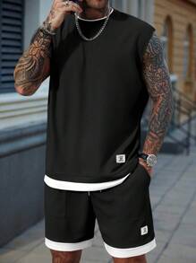 Manfinity Homme Men's Contrast Color Patchwork Round Neck Top And Shorts Casual Set, Holiday - Black - View 4