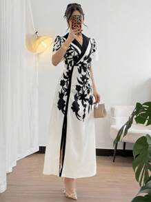 Modelyn Đầm suông tay bồng họa tiết hoa cổ chữ V thanh lịch thường ngày cho nữ - Nhiều màu - Xem 8