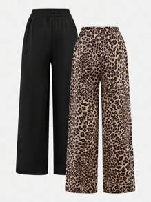 SHEIN 2 Pairs Tween Girls Bottoms Black And Leopard Print Wide Leg Pants, With Branded Label Decor - Black - View 2