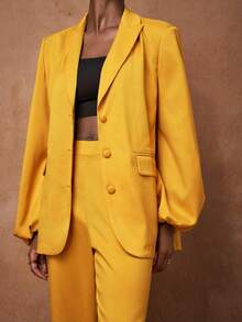 Zivah [2025 春夏] 优雅西装套装，适合商务、休闲、度假穿着 - 包含灯笼袖、口袋和喇叭裤的西装外套，适合生日派对、日常穿搭、秋冬通勤 - 黃色 - 查看 4