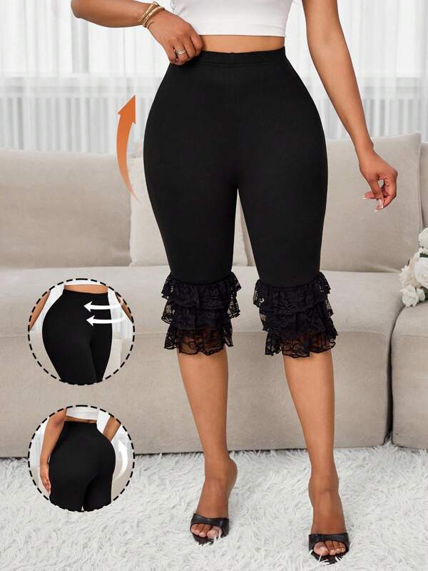 SHEIN Lady Black Leggings LaceThree Quarter Ruffled Stretch Pants