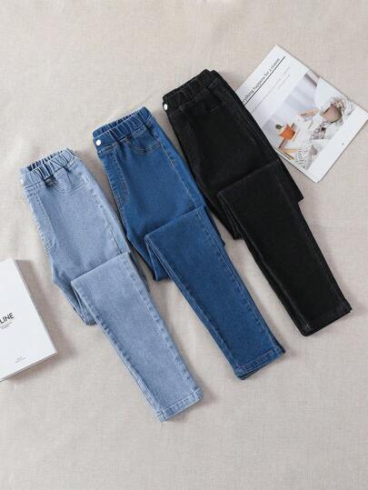 SHEIN 3pcs/Set TWEEN GIRLS Jeans, High Stretch Soft Denim Fabric, 3 Colors, Waist Button Detail, Casual Basic Style, Versatile Fit, Suitable For Autumn/Winter, New Arrival High Cost-Effective Multi-Pack Jeans Fall