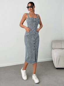 EURMUSE Slant Pocket Button Front Overall Denim Midi Dress - Blue - View 5