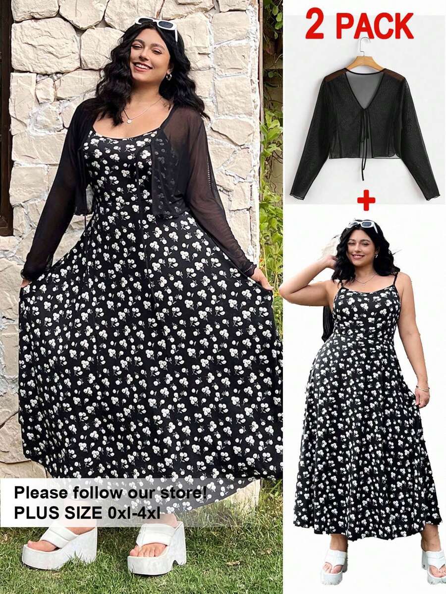 大码两件套：碎花腰部修身喇叭裙 + 透视夹克，春夏 - 黑與白 - 查看 1