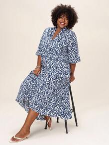 Comfylo Plus Size Women Holiday Casual Allover Print Notched Neck Flared Sleeve Long Dress For Summer - Blue and White - View 5