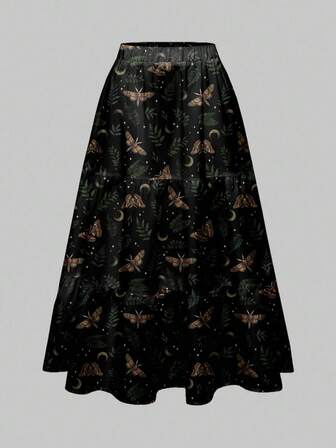 Gothic Mystic Dark Witch Leaf Plant Moon Moth Print Multi-Layer Flowy Skirt, Holiday 's Skirt, Halloween