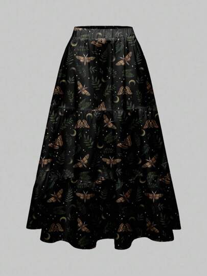 Gothic Mystic Dark Witch Leaf Plant Moon Moth Print Multi-Layer Flowy Skirt, Holiday 's Skirt, Halloween
