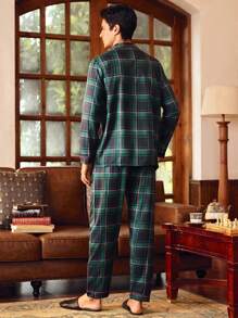 EverLounge Men Plaid Print Button Front Shirt & Pants PJ Set / Pajama Set, Fall Clothes - Army Green - View 2