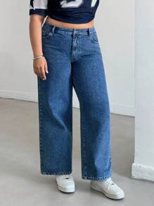 EURMUSE High Waist Elastic Belt Wideleg Jean Wide Leg Jeans Loose Jeans Oversized Jeans Flared Jeans Summer Jeans - Medium Wash - View 1
