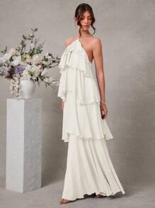 L'Amorae Elegant Romantic Wedding Guest Solid Halter Tiered Chiffon Maxi Dress