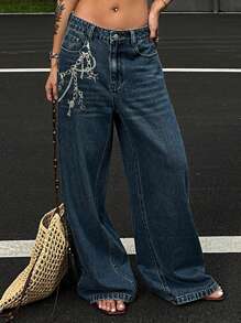 Quần Jeans Ống Thẳng Rộng Đơn Giản In Họa Tiết Xích Cho Nữ, Phong Cách Đường Phố - Rửa trung bình - Xem 4