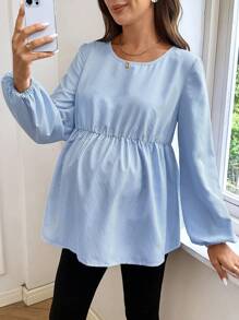 SHEIN Maternity Striped Print Round Neck Casual Versatile Long Sleeve Shirt - Blue - View 4