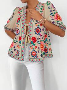 SHEIN LUNE Women's Full Print Tie Bow Puff Sleeve Short Sleeve Blouse