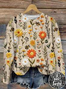 EMERY ROSE 休闲简约针织雏菊花朵蜜蜂印花圆领宽松女式运动衫 - 彩色 - 查看 3