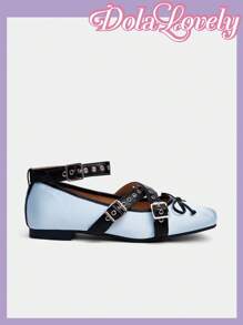Dola Lovely Giày ba lê kim loại khóa chéo bằng vải satin màu xanh lam, thiết kế thanh lịch và ngọt ngào, cỡ lớn, mùa xuân - Màu xanh nhạt - Xem 2