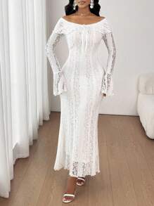 SHEIN Lady White Lace Off-Shoulder Form-Fitting Slim Long Bodycon Dress,Fall Wedding Guest Dress - White - View 5