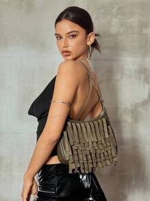 SHECARRY Ladies, Women Shoulder Bag, Hobo Bag, Tassels, Fashionable, Personalized, Simple, Versatile, Street, Sweet And Cool Girls, Hot Girls, Y2k, Retro, Vintage - Army Green - View 7