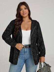 Comfylo Plus Size Front Zip Up Long Sleeve Hooded Jacquard Windbreaker Coat, Casual Daily Wear Winter Fall Autumn