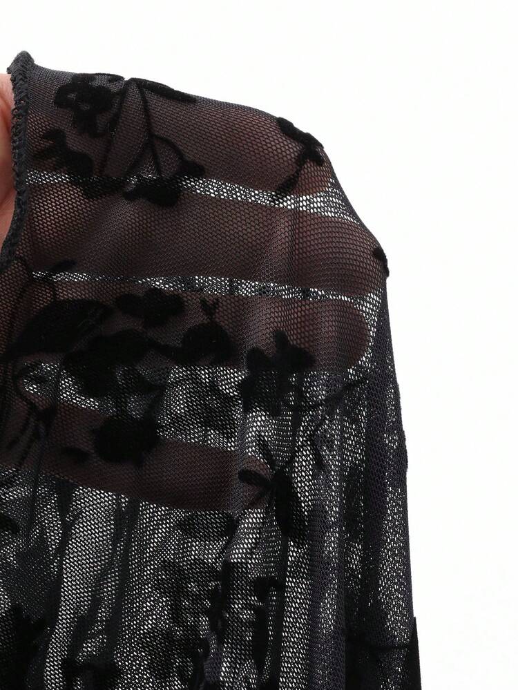 Women's Fall Round Neck Long Sleeve Mesh Net Flocking Floral Texture Cinched Waist A-Line Mini Casual Dress