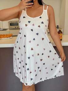 SHEIN 可爱心形罗纹印花休闲柔软亲肤可调节肩带露背吊带背心家居睡裙 - 彩色 - 查看 4