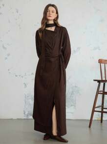 Dazy-Less Conjunto de 2 piezas para mujer: Vestido camisa y falda de unicolor, estilo de negocios casual, con cordón y cinturón, apropiado para otoño, primavera y verano - Marrón - Ver 2