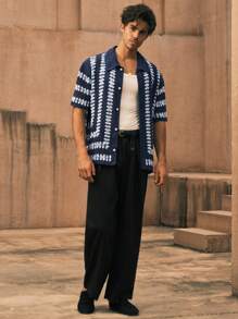 Manfinity VCAY Men's Casual Loose Drop Shoulder Short Sleeve Cardigan, For Fall Winter - Multicolor - View 3