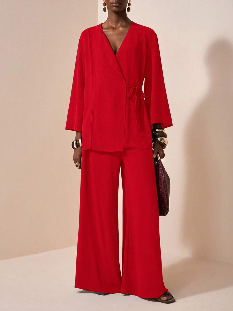 Zivah 2025 Summer New Arrival, Music Festival, Graduation Season, College Style, Student Wear, Daily Casual, Vacation, Beach, Sunbathing, Streetwear, Dark Brown Textured Fabric, Linen Kimono Style Belted Shirt And Wide Leg Pants 2 Pieces Set - Red - View 1