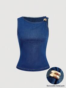 SHEIN MOD Top de mezclilla para mujer de verano casual de calle con decoración de hebilla metálica, cuello asimétrico y ajuste ceñido - Azul - Ver 1