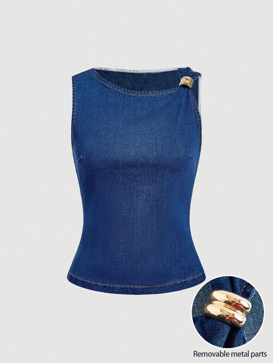 SHEIN MOD Top de mezclilla para mujer de verano casual de calle con decoración de hebilla metálica, cuello asimétrico y ajuste ceñido - Azul - Ver 1