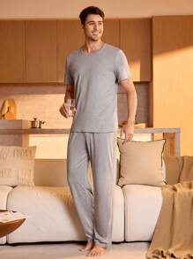 SHEIN Men Solid Tee & Trousers PJ Set - Light Grey - View 4