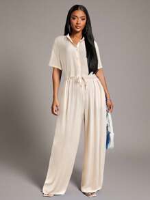 Radiana 女士舒适休闲蓝色宽松两件套：短款衬衫 + 喇叭阔腿裤，适合海岛度假、沙滩装、家居服、聚会、日常穿着 - 杏色 - 查看 5