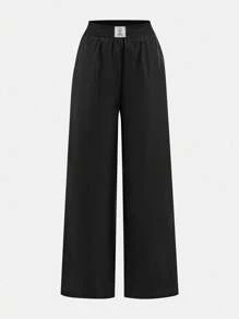 SHEIN 2 Pairs Tween Girls Bottoms Black And Leopard Print Wide Leg Pants, With Branded Label Decor - Black - View 9