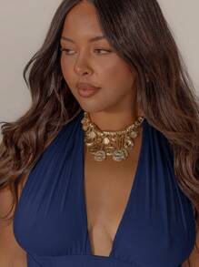 Aralina Áo thun nữ mùa hè cổ yếm viền ren viền cong cỡ lớn dễ thương co giãn - Màu xanh hải quân - Xem 3