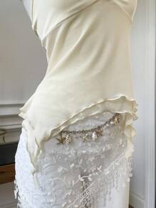 Comfortcana 女士Grunge风格性感纯色奶油黄深V尖角下摆开衩修身金属环吊坠项链上衣 - 黃色 - 查看 4