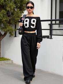 Teen Girl Number Print Off-Shoulder Long Sleeve Sweatshirt And Sweatpants Casual Suit - Black - View 7