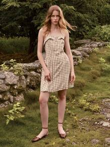 SHEIN Holidaya Summer Plaid Halter Neck Dress (Random Print Design) - Khaki - View 6