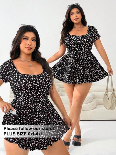 Solflare 大码女式碎花方领短袖休闲连体衣