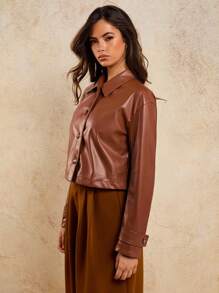 COSMINA Áo khoác da PU cổ bẻ cài nút phía trước giản dị cổ điển cho nữ - Màu Khaki - Xem 5
