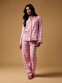 MISSGUIDED Bộ đồ ngủ tay dài mùa đông in họa tiết nơ hoa cài nút cổ lọ Bộ đồ ngủ mặc ở nhà thoải mái làm quà tặng ngày lễ tình nhân - Nhiều màu - Xem 1