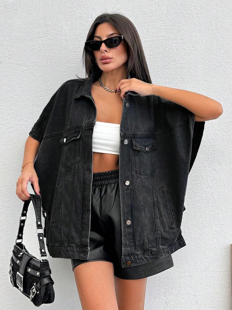 100%Cotton Flap Pocket Batwing Sleeve Denim Jacket - Black - View 6