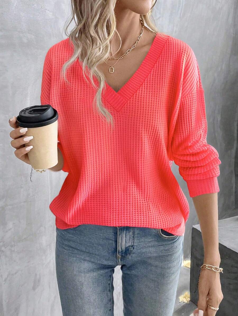 SHEIN LUNE Casual Versatile Solid Color Textured Drop Shoulder Long Sleeve T-Shirt Fall Cloth For Women