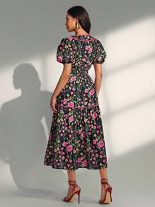 Almamuse Đầm dài in họa tiết thanh lịch cho nữ - màu đen - Xem 2