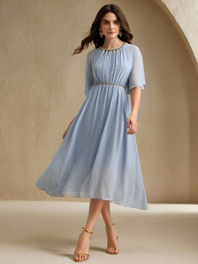 Anewsta Elaire Summer Elegant Fashion Waist Cutout Neck Design Women Dress