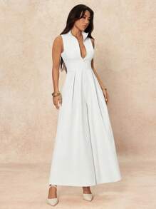 SHEIN PETITE 超宽腿拉链前无袖连体裤 - 杏色 - 查看 4