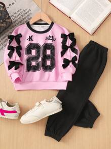 SHEIN Young Girl Loose Casual Minimalist Comfortable Crew Neck Long Sleeve Sweatshirt And Drawstring Pants Set - Pink - View 1