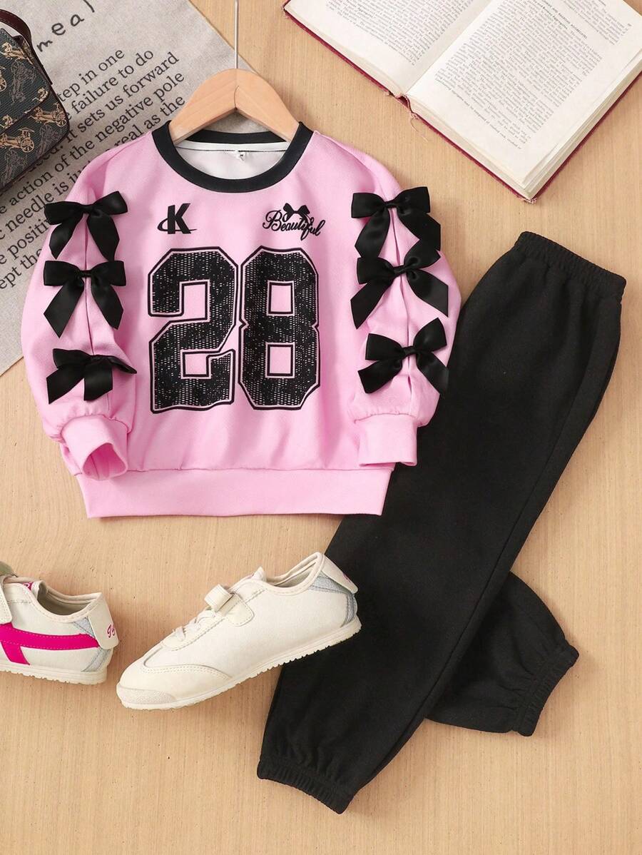 SHEIN Young Girl Loose Casual Minimalist Comfortable Crew Neck Long Sleeve Sweatshirt And Drawstring Pants Set - Pink - View 1