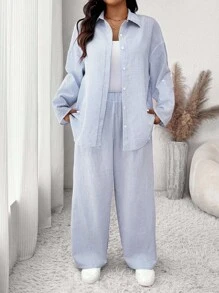 SHEIN Frenchy 大尺碼女款藍白條紋寬鬆休閒兩件套 - 藍白色 - 查看 6