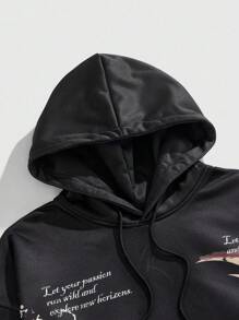 ROMWE MEN Anime Sudadera con capucha con estampado de llamas y eslogan de moda para hombre - Negro - Ver 4